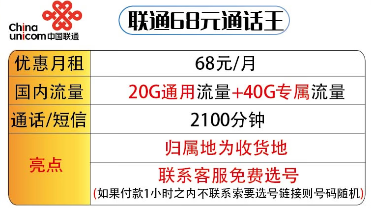 濟南聯通68元通話王套餐 60G流量+2100分鐘通話 可選號