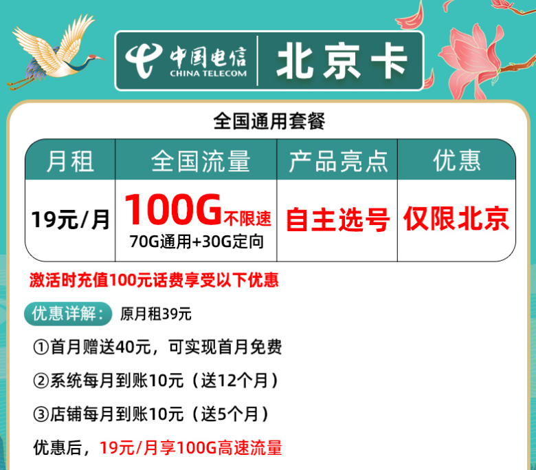 北京電信純流量卡 月租僅19元包含100G大流量不限速自主選號手機(jī)卡