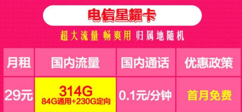 電信超大流量卡 哈爾濱可用314G+首月免費用超值套餐無合約