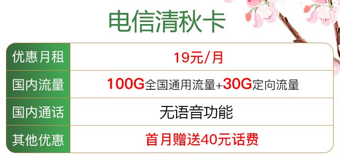 5G清秋卡19元130G國內流量 純流量卡 贈送40元話費 當月有效