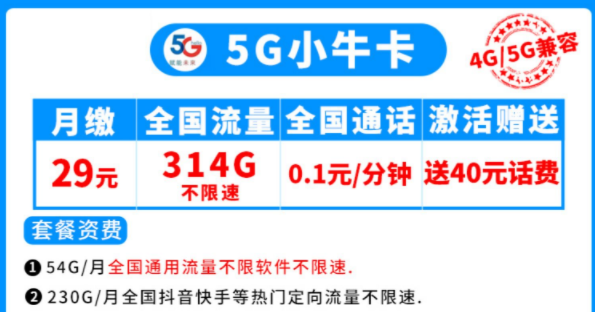 電信5G流量卡套餐推薦 小牛卡300多G全國不限速流量首月免租手機(jī)卡