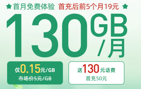 中國電信 19元大流量卡 內(nèi)含180話費 每月130G流量 套餐20年有效 首月免費體驗