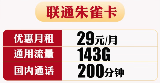 【官方發(fā)貨】聯(lián)通朱雀卡 可自行激活選號 29包143G通用+200分鐘通話