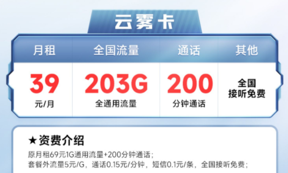 同等價(jià)位比較劃算的流量卡套餐 203G全國(guó)通用流量+200分鐘語(yǔ)音接聽免費(fèi)需實(shí)名認(rèn)證