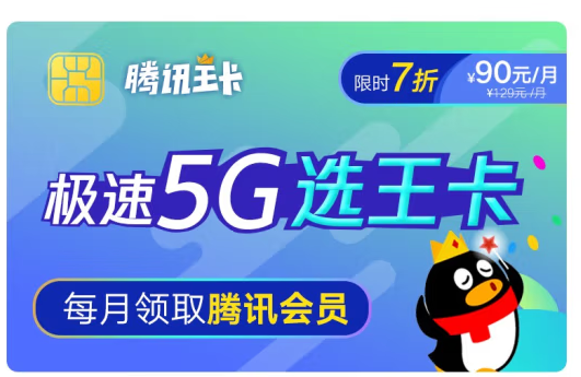 極速5G選王卡 騰訊王卡限時(shí)七折 129元套餐僅需90元30G全國(guó)流量+500分鐘語音