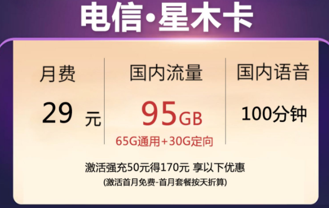 電信大流量卡 首月免月租語音+流量激活贈送話費長期套餐29元近100G流量上網卡