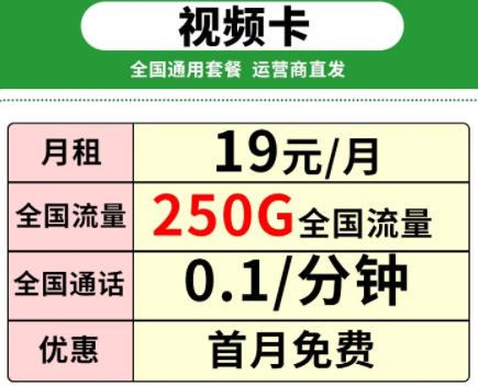 中國移動 移動視頻卡流量卡5G網(wǎng)絡 【純通用可選號送會員】19元250G全國流量+0.1元/分鐘語音通話