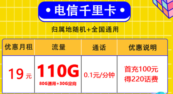 電信19元低月租超大流量卡 110G超多流量放肆用 歸屬地隨機(jī)+全國(guó)通用