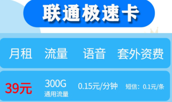 中國聯(lián)通300G超大流量+0.15元/分鐘通話僅需39元 享網(wǎng)絡(luò)極速體驗(yàn)【聯(lián)通極速卡】