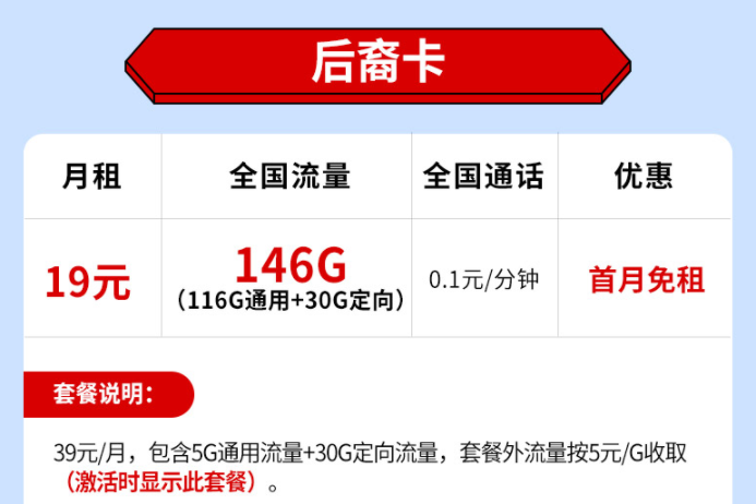 流量卡有哪些劃算的？電信上網手機卡后裔卡巨人卡月租低至19原146G全國流量不限速