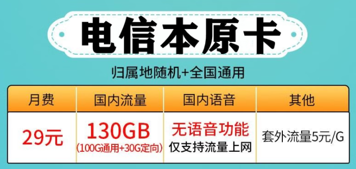 中國電信本原卡 純流量套餐29元130G全國流量學生通用卡