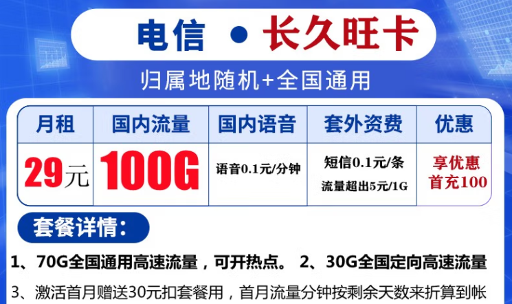 中國電信【全國發貨】通用不限速流量卡低月租9元包90G29元100G大流量