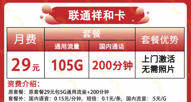 中國聯通無合約的流量卡套餐推薦 聯通祥和卡29元【105G通用+200分語音】