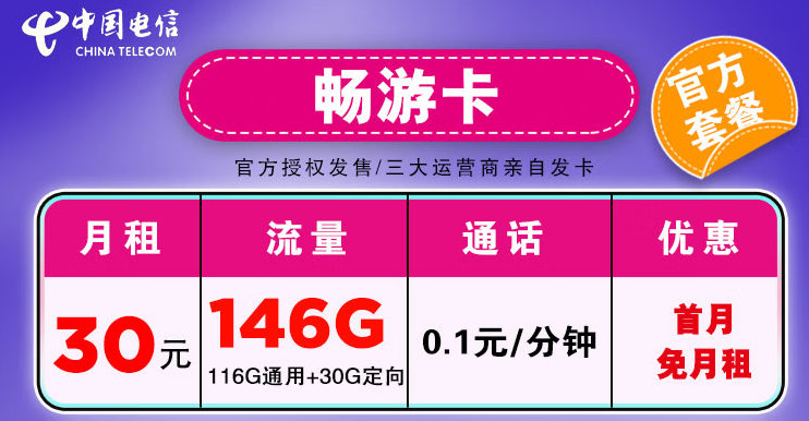 中國電信流量網卡 低月租不限速學生卡暢游卡30元146G+首月免租