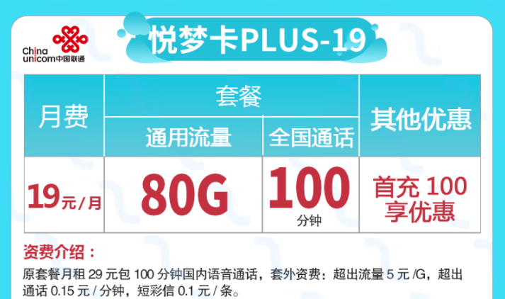 網速快不限速的流量卡套餐推薦 聯通悅夢卡Plus版19元低月租大流量+通話