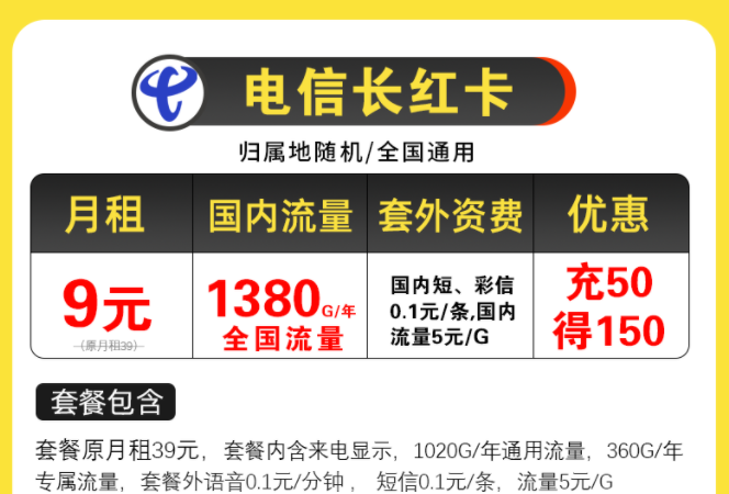 電信超值優(yōu)惠套餐有哪些？電信長紅卡，月租9元包含125G全國流量/月不限速手機(jī)上網(wǎng)卡