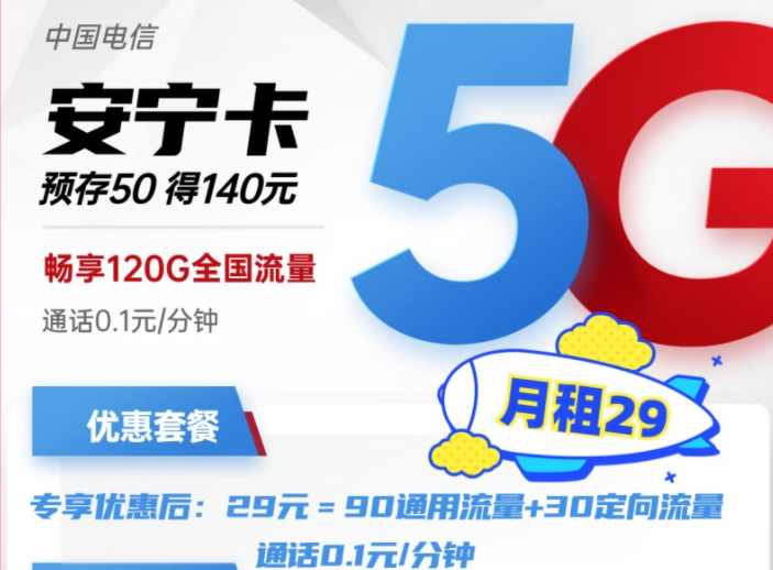 電信安寧卡29元月租包含90G通用+30G定向流量 預存50得140，更多好卡等你發現