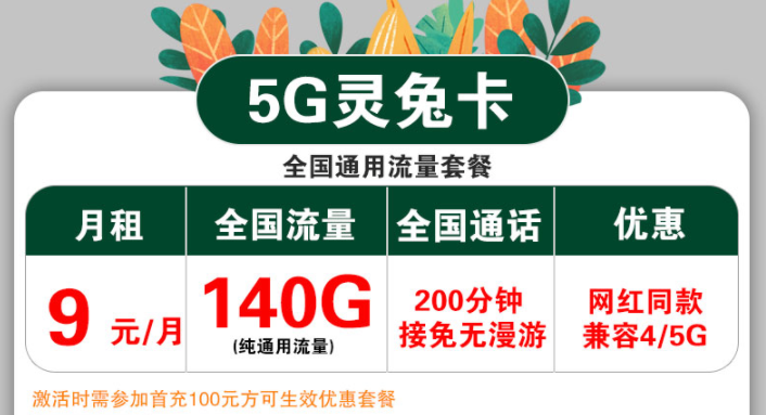 聯通5G流量卡套餐推薦 聯通5G靈兔卡月租9元波140G通用流量+200分鐘語音4、5G兼容