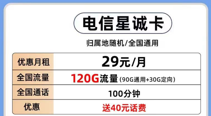 電信有那些好用的流量卡套餐推薦？電信星誠卡29元120G全國流量+首月0月租