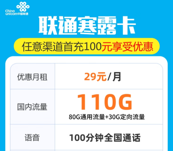 聯(lián)通寒露卡29元包120G流量+100分語音|29元套餐包103G純通用+100分通話|性價(jià)比套餐