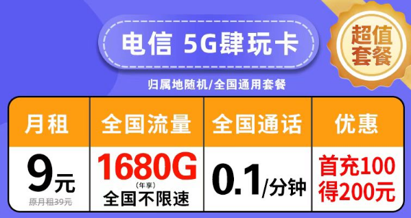 絕對優惠劃算的電信套餐|電信5G肆玩卡擊9元月租140G|創新卡39元超大流量+免費通話