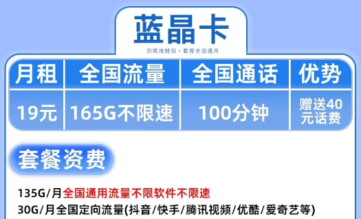 19元超優惠電信流量卡套餐|電信藍晶卡、電信鉆石卡|首月免費超大流量|抖音、騰訊隨便玩