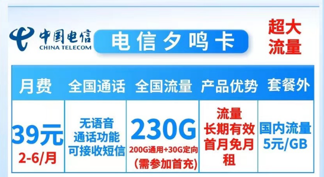 就沒(méi)有流量多的電信純流量卡了嗎？當(dāng)然有！電信夕鳴卡39元230G大流量|19元順和卡165G流量