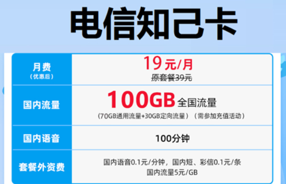 電信19元的流量卡是什么樣？電信19元知己卡100G流量+100分鐘語音