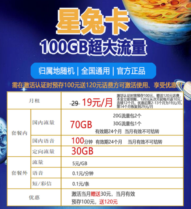 免費申請電信19元100G流量卡|電信星兔卡怎么樣？