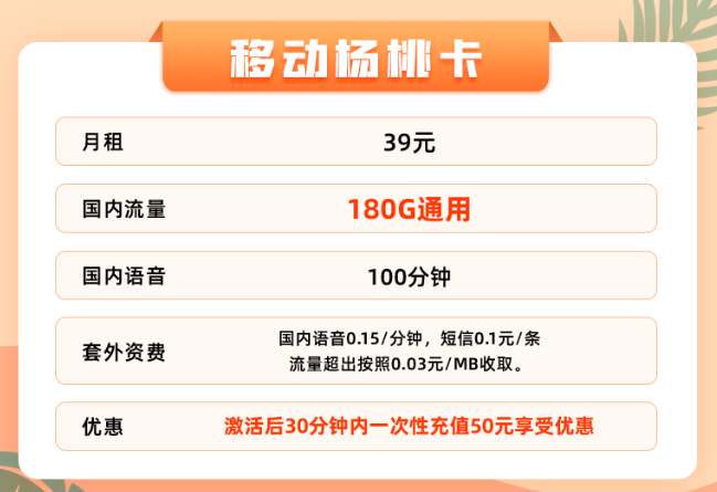 超值福利嗨翻天！超低月租大流量|移動楊桃卡+19元移動本地卡