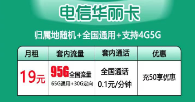 "電信華麗卡"19元月租90G流量0元領?。‰娦帕髁靠▋?yōu)惠推薦！