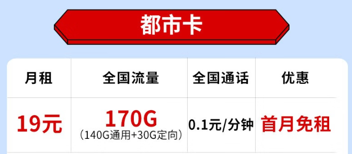 首月免費用的流量卡|電信都市卡：19元170G流量