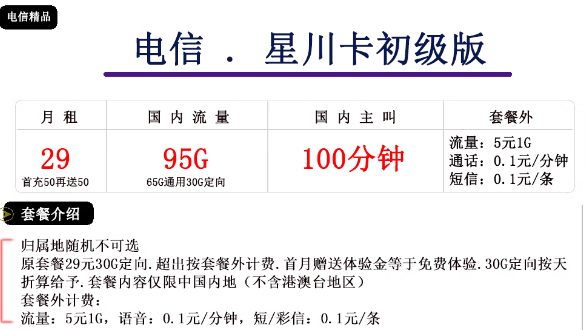 電信星川卡初級、中級卡|29元、39元|大流量免費領(lǐng)！