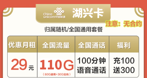 聯通湖興卡29元110G無合約+聯通楓槌卡59元302G全通用！